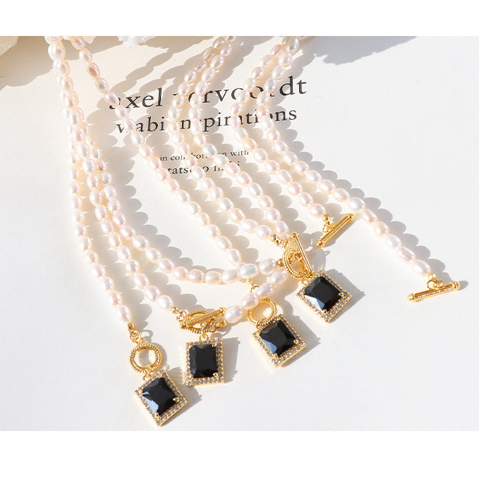 Pearl Necklace With Square Black Zircon Pendant