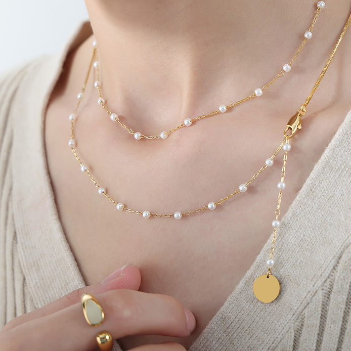 Adjustable Layered Stacked Snake Chain Stitching Floating Pearl Necklace